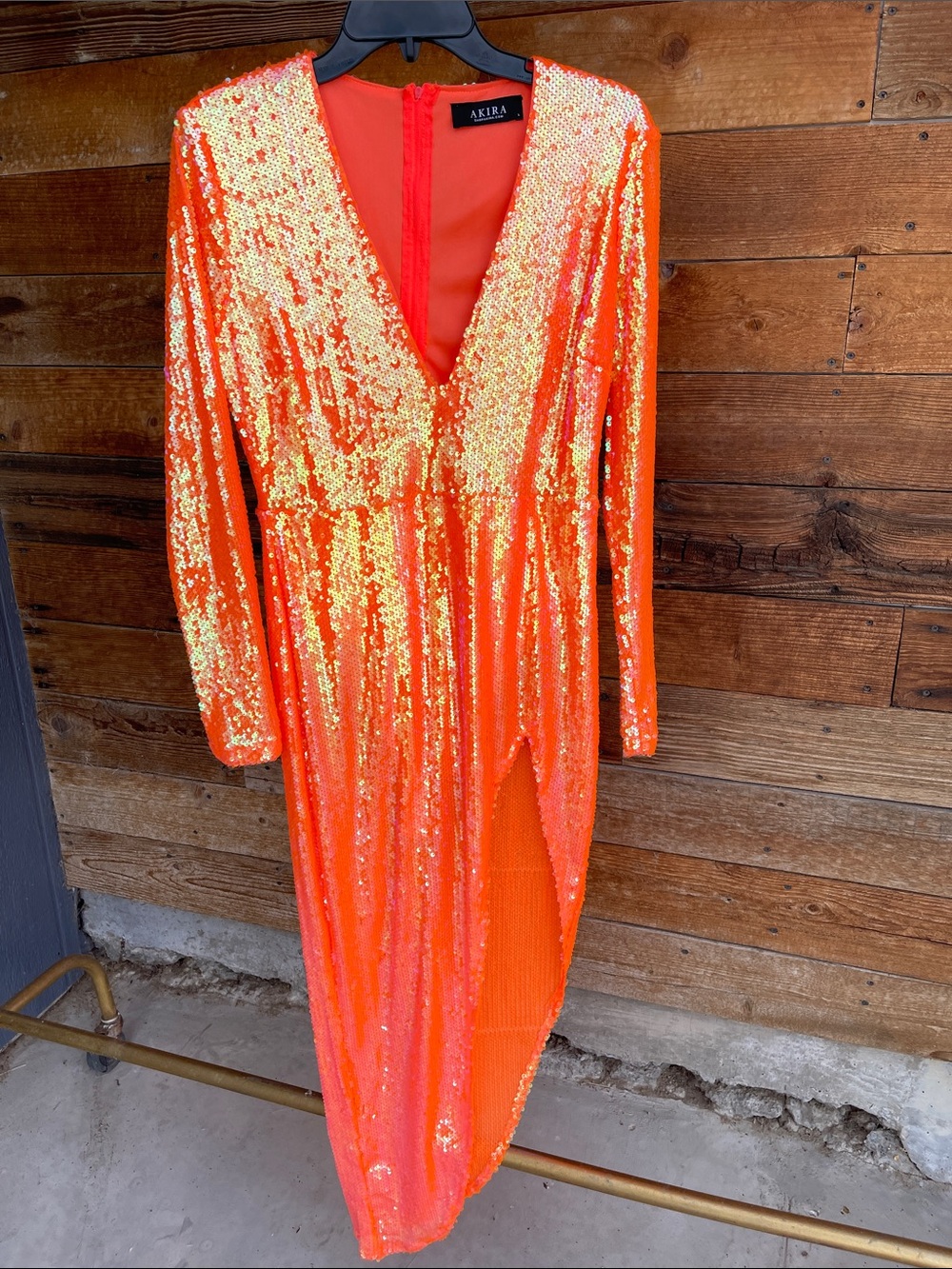 AKIRA Neon Orange Sequin Deep V Long Sleeve Gown - Picture 2 of 5